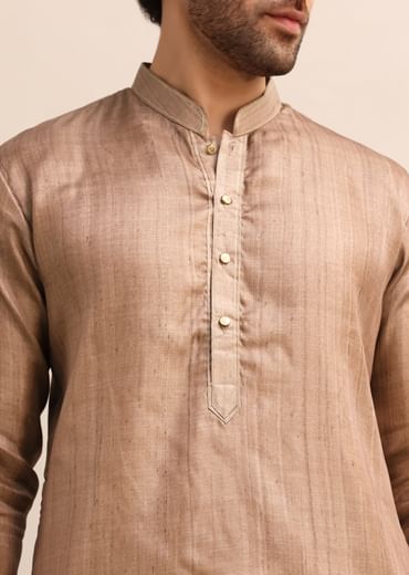 Brown Tussar Silk Plain Kurta Pyjama For Men