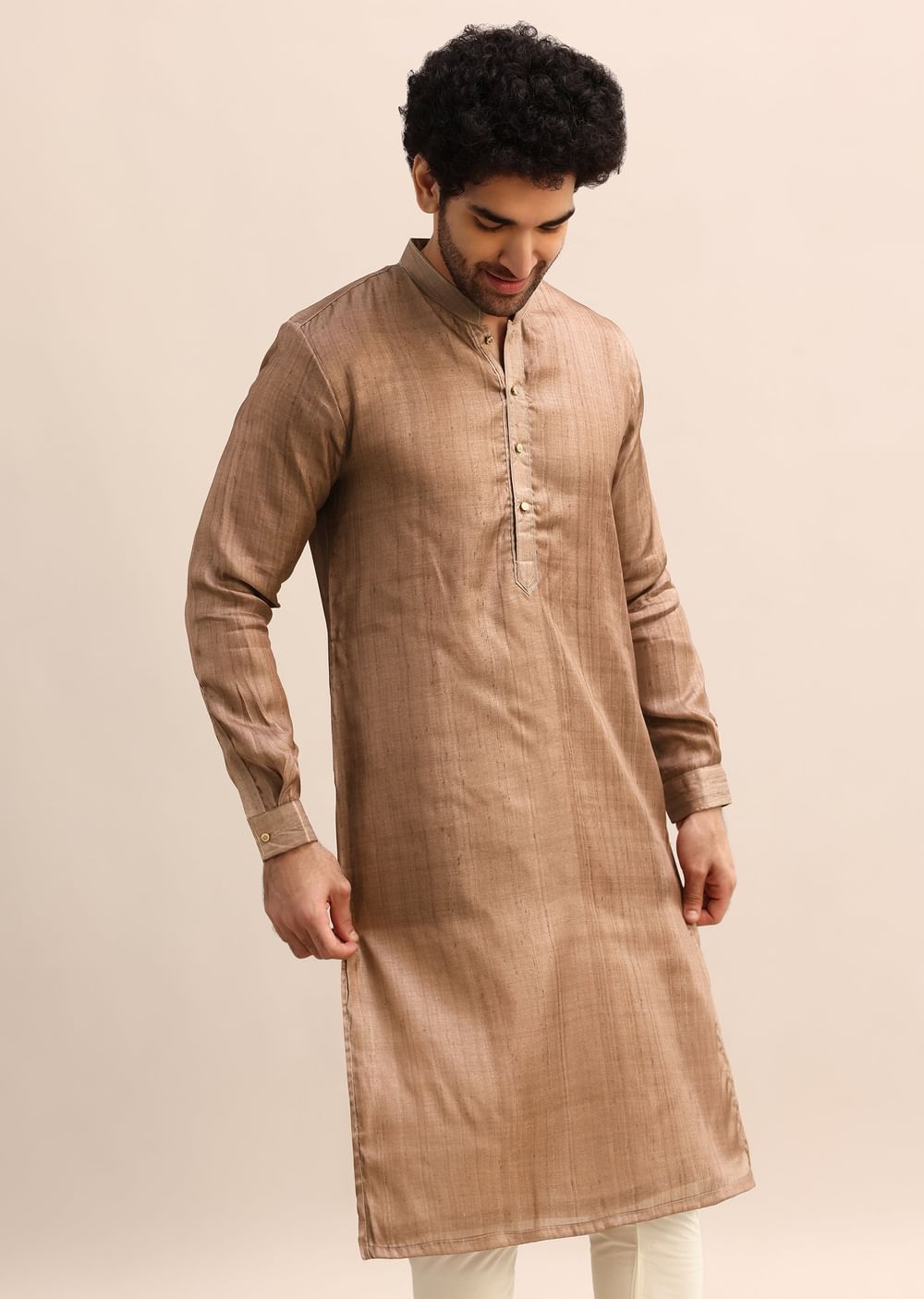 Brown Tussar Silk Plain Kurta Pyjama For Men