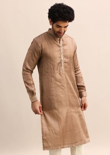 Brown Tussar Silk Plain Kurta Pyjama For Men