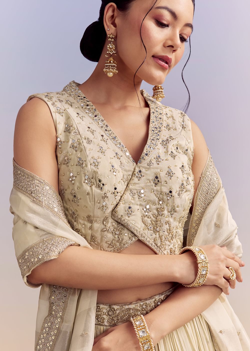 Cream Chinon Bridesmaid Lehenga With Tissue Dupatta