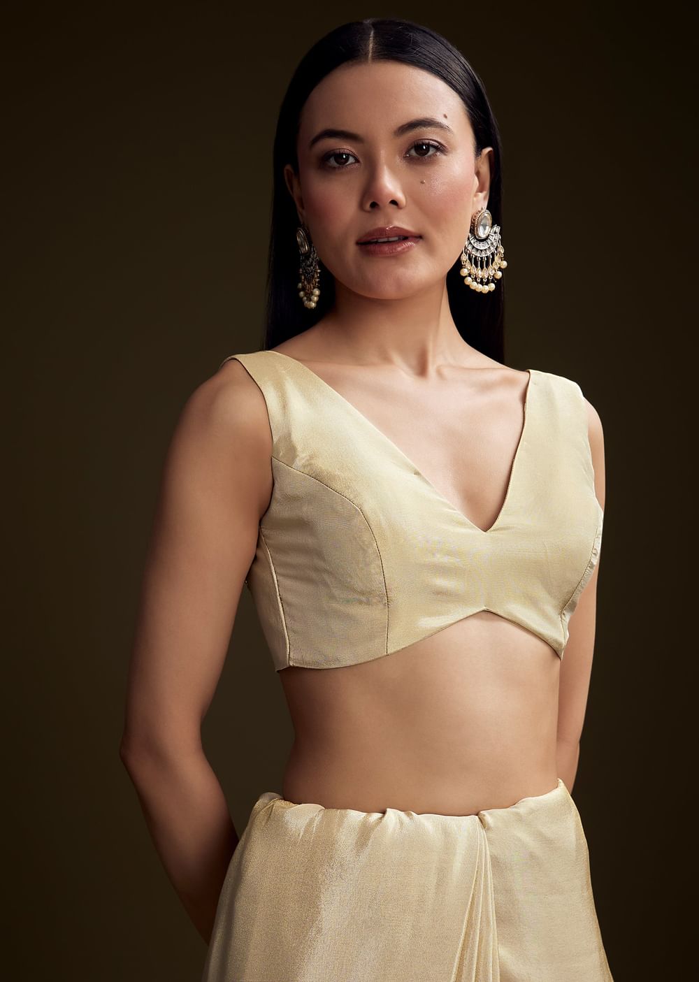 Cream Tissue Saree With Zardosi And Bead Embroidery