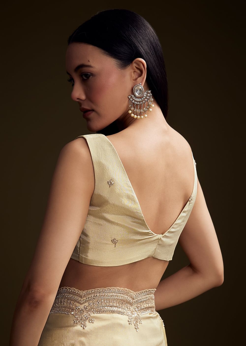 Cream Tissue Saree With Zardosi And Bead Embroidery