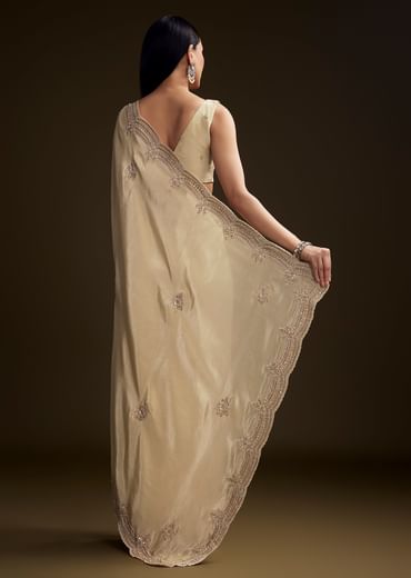 Cream Tissue Saree With Zardosi And Bead Embroidery