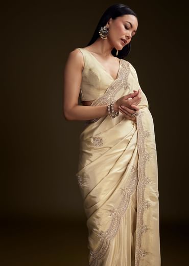 Cream Tissue Saree With Zardosi And Bead Embroidery