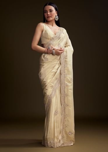 Cream Tissue Saree With Zardosi And Bead Embroidery