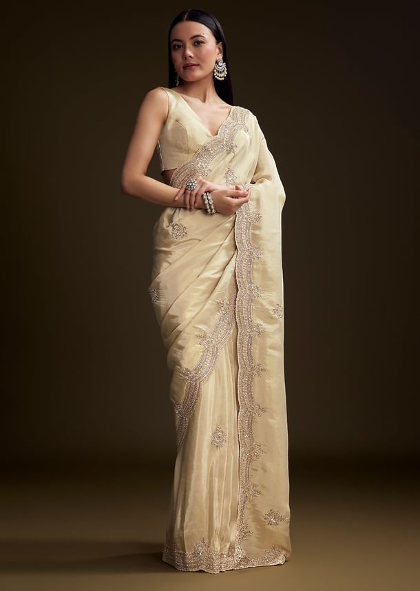 Cream Tissue Saree With Zardosi And Bead Embroidery