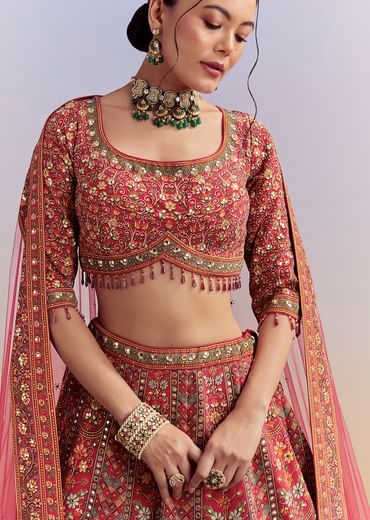 Crimson Red Crepe Printed Bridesmaid Lehenga With Embroidery