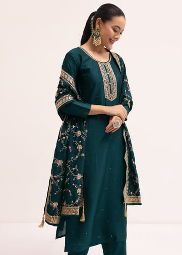 Dark Green Silk Kurta Set With Dupatta