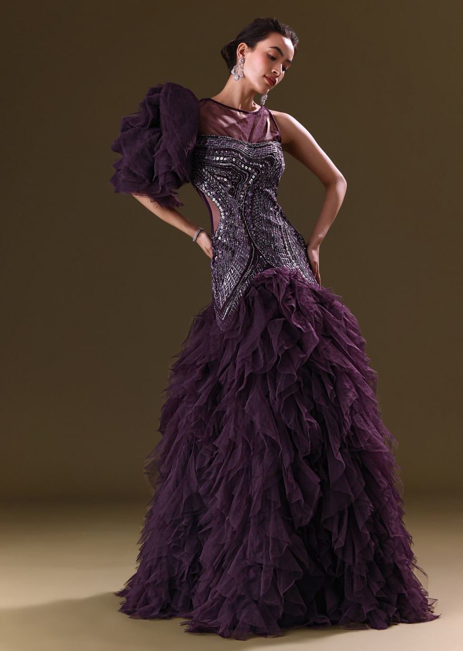 Deep Violet Mermaid Fit Asymmetric Gown With Ruffle Detailing