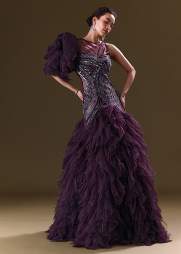 Deep Violet Mermaid Fit Asymmetric Gown With Ruffle Detailing