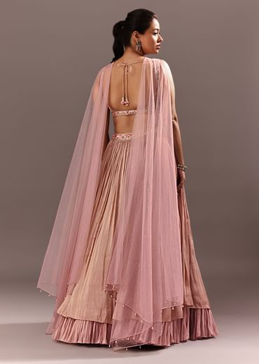 Dusty Pink Ruching Lehenga With Embroidered Blouse And Choker Dupatta