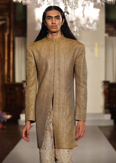 Gold Silk Sherwani For Groom With Hand Embroidery And Bead Work
