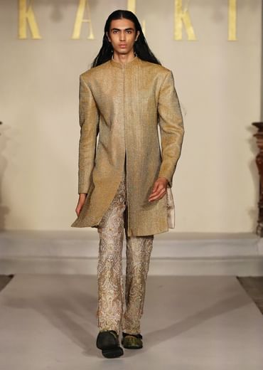 Gold Silk Sherwani For Groom With Hand Embroidery And Bead Work