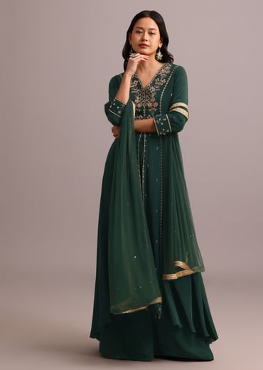 Green Embroidered Anarkali Palazzo Suit With Net Dupatta