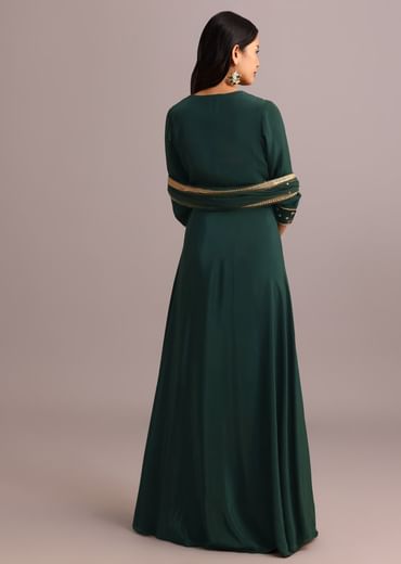 Green Embroidered Anarkali Palazzo Suit With Net Dupatta