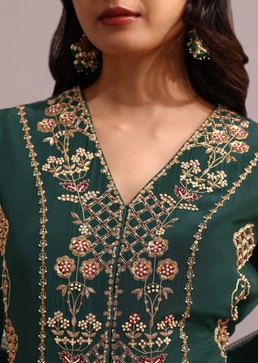 Green Embroidered Anarkali Palazzo Suit With Net Dupatta