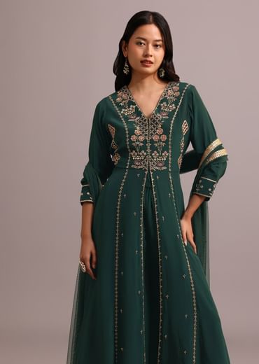 Green Embroidered Anarkali Palazzo Suit With Net Dupatta