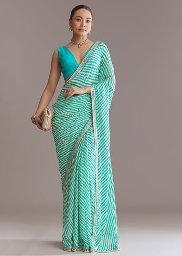Turquoise Blue Chinon Saree With Leheriya And Gota Work