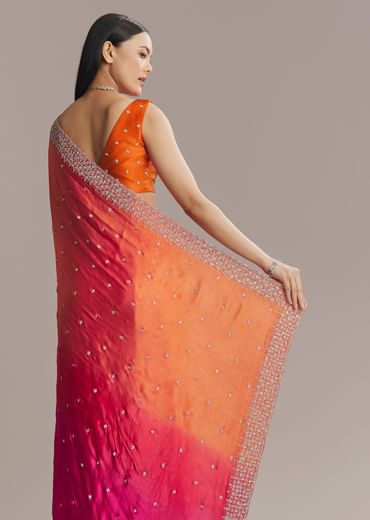 Hot Pink And Orange Chinon Saree With Heavy Embroidery