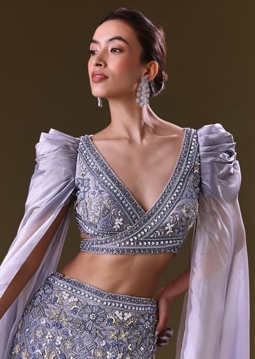 Ice Blue Mermaid Lehenga And Blouse With Long Wing Sleeves