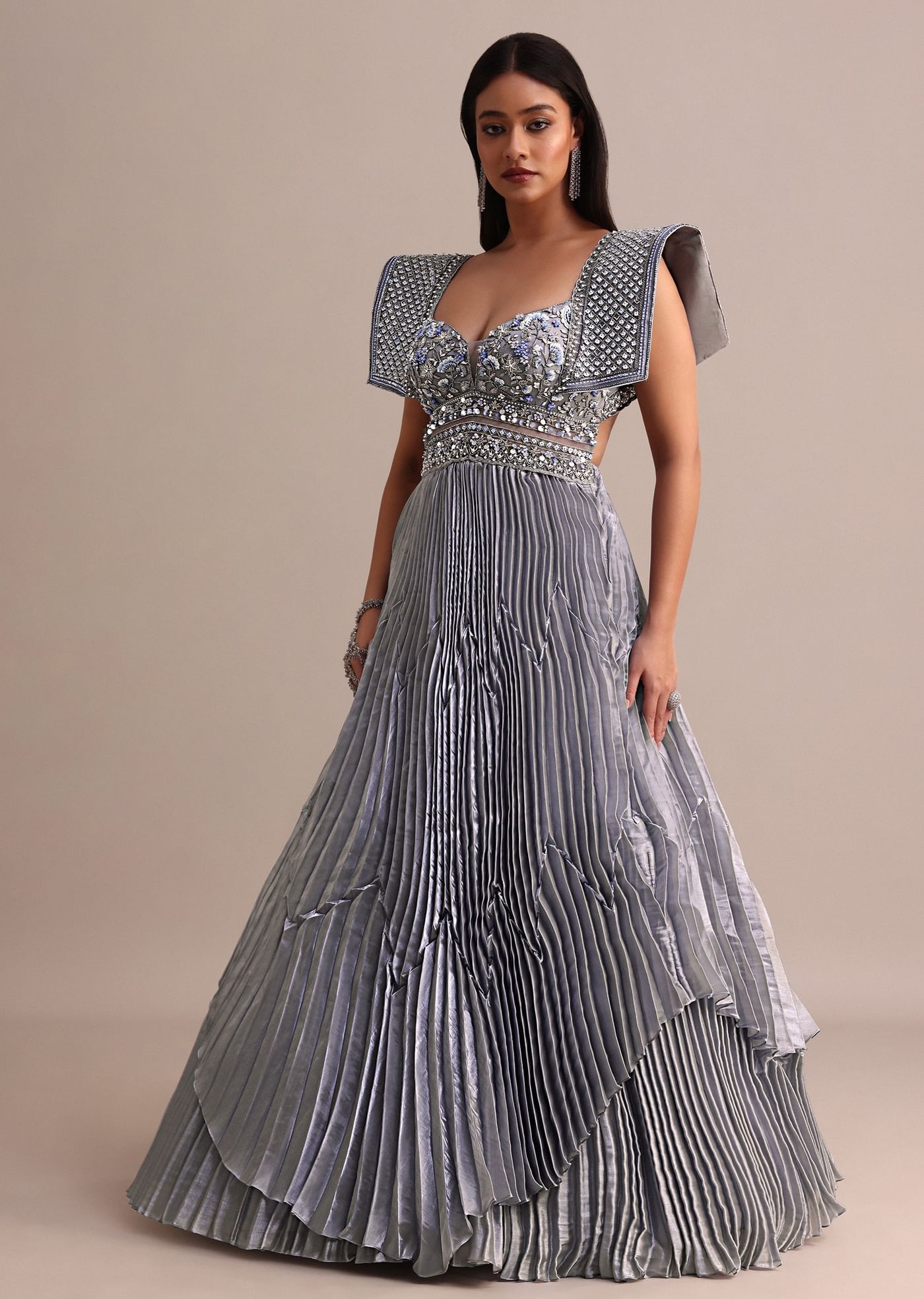 Ice Blue Organza Double Layered Circular Pleated Gown With Fancy Sleeves