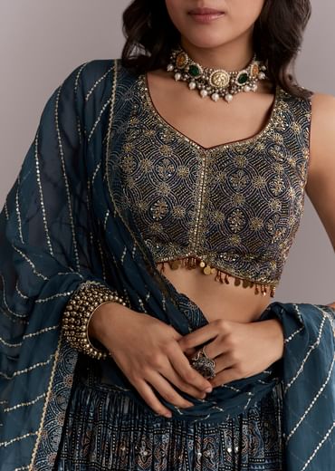 Indigo Modal Bridesmaid Lehenga With Hand Dyed Ajrakh Print