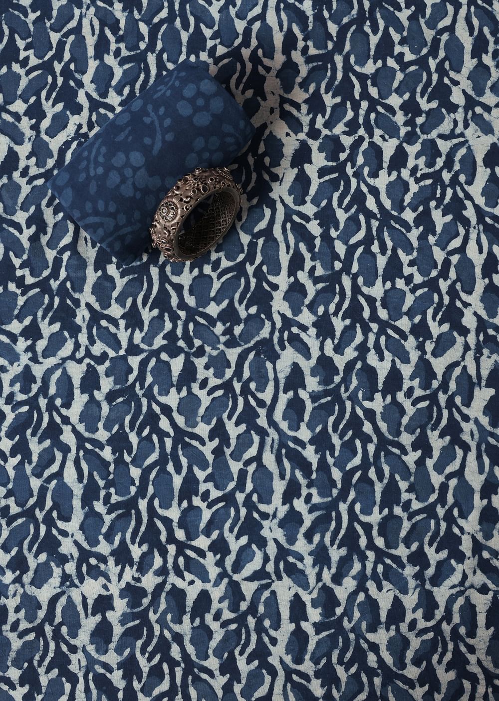 Indigo Blue Cotton Dress Material In Batik Hand Block Print