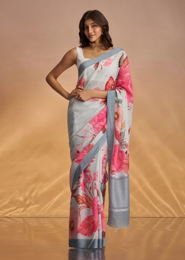 Grey Cotton Linen Saree With Floral Print
