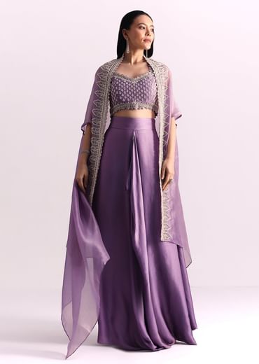 Lavendar Embroidered Crop Top And Sequin Work Jacket With Draped Skirt