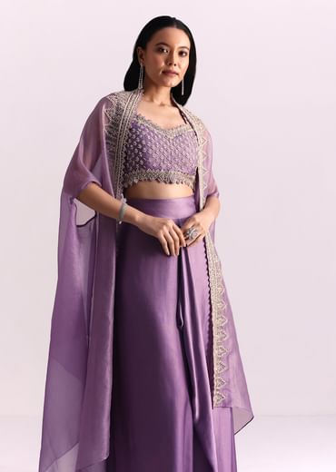 Lavendar Embroidered Crop Top And Sequin Work Jacket With Draped Skirt