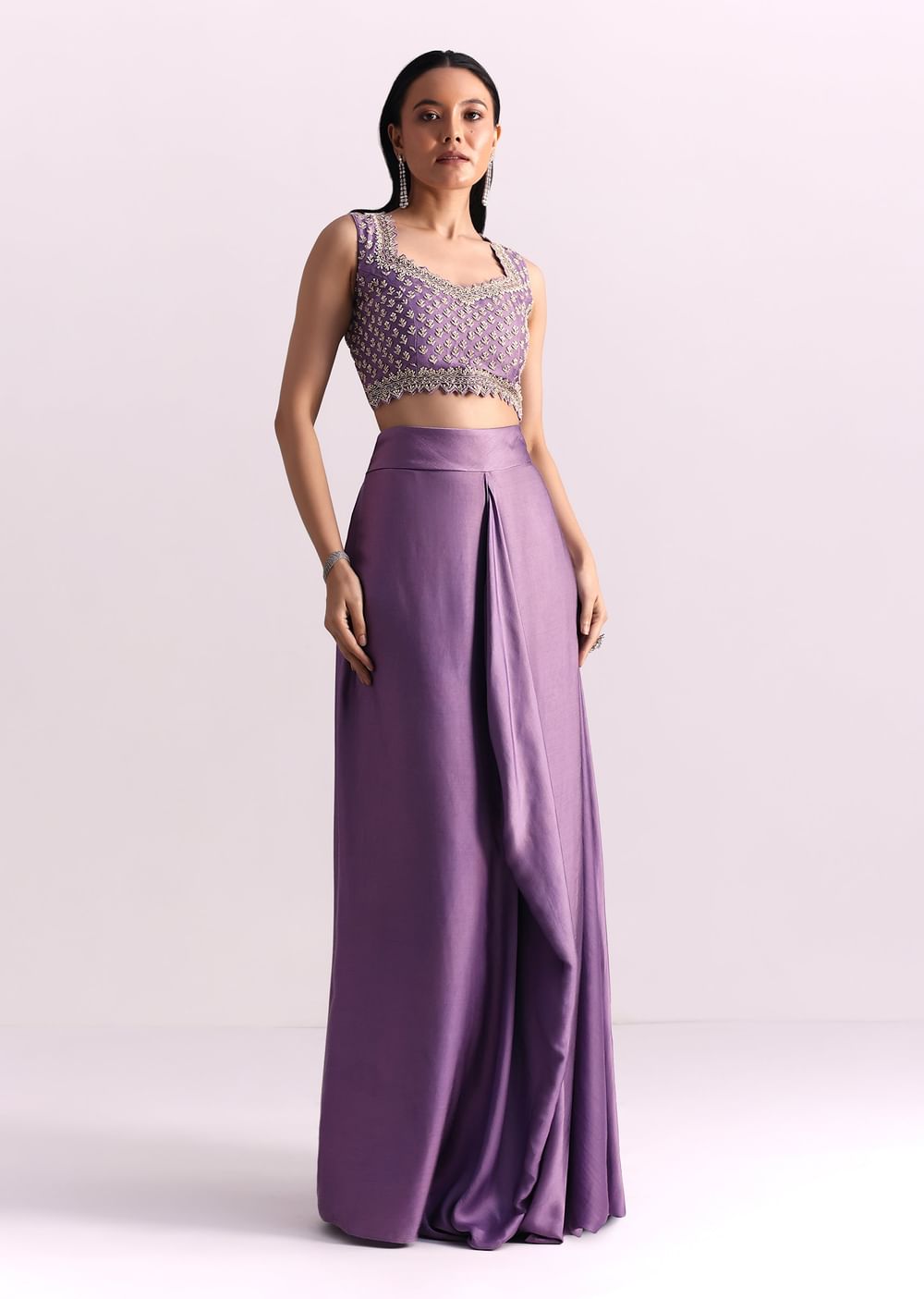 Lavendar Embroidered Crop Top And Sequin Work Jacket With Draped Skirt