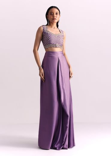 Lavendar Embroidered Crop Top And Sequin Work Jacket With Draped Skirt