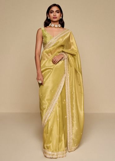 Lemon Yellow Tissue Saree With Heavy Embroidery
