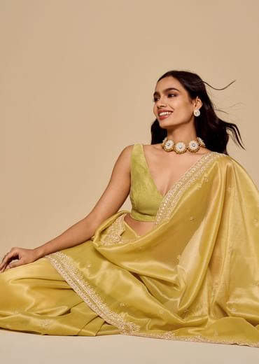 Lemon Yellow Tissue Saree With Heavy Embroidery