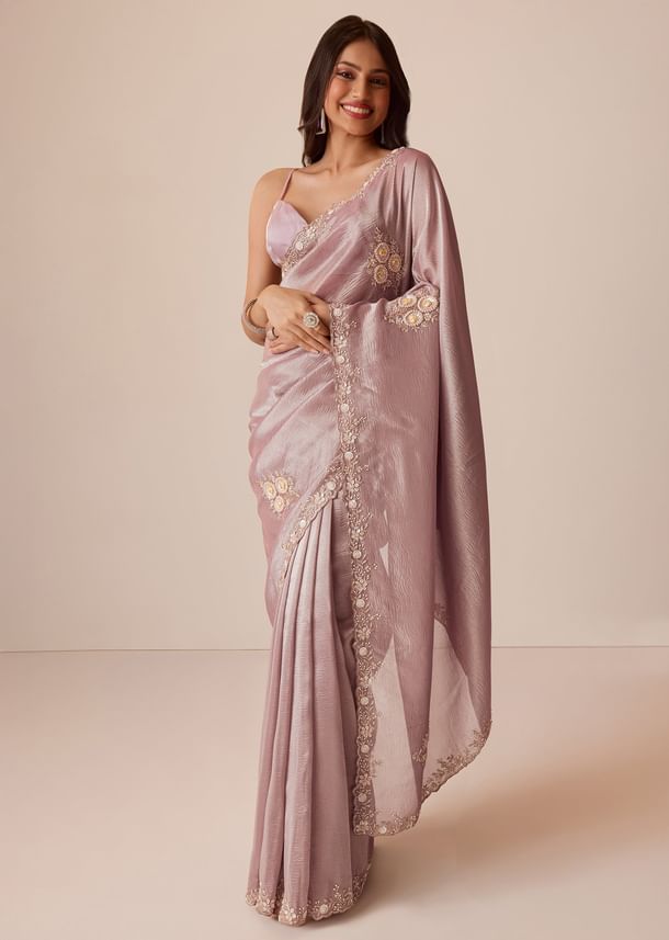 Light Purple Tissue Saree With Floral Embroidery