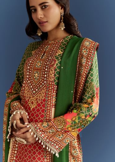 Multicolour Cotton Muslin Printed Kurta With A Line Cut And Printed Palazzo