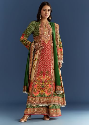 Multicolour Cotton Muslin Printed Kurta With A Line Cut And Printed Palazzo