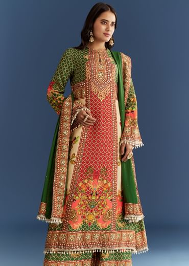 Multicolour Cotton Muslin Printed Kurta With A Line Cut And Printed Palazzo