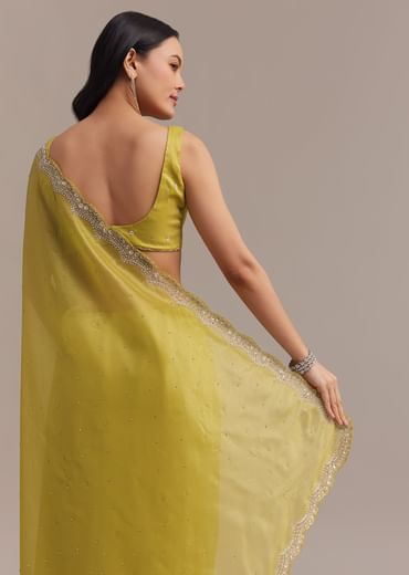 Mustard Tissue Organza Saree With Sequins Embellished Border