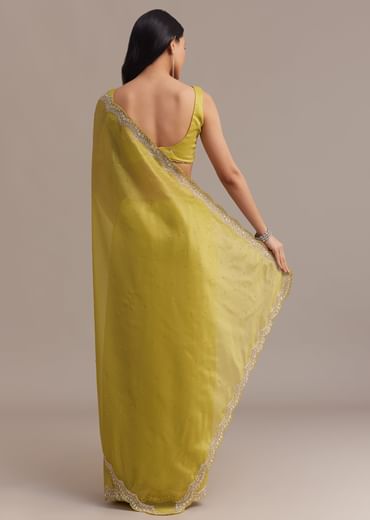 Mustard Tissue Organza Saree With Sequins Embellished Border