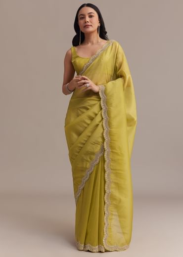 Mustard Tissue Organza Saree With Sequins Embellished Border