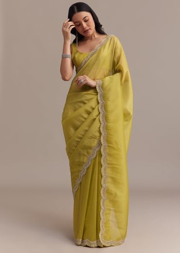 Mustard Tissue Organza Saree With Sequins Embellished Border