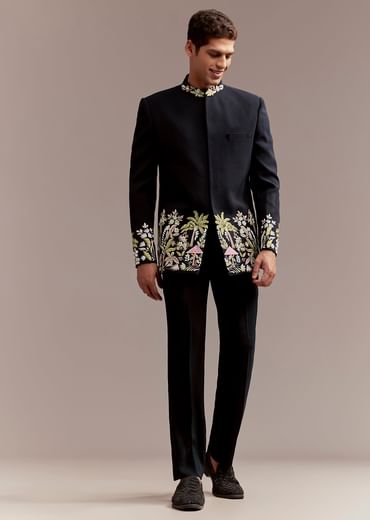 Navy Blue Jodhpuri Suit For Men With Tropical Floral Embroidery