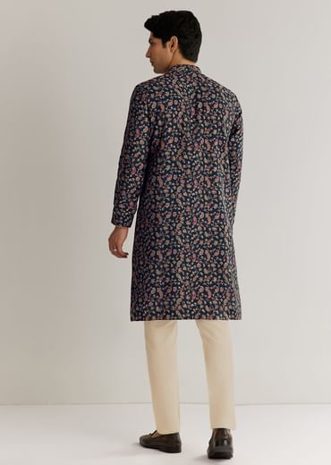 Navy Blue Silk Floral Printed Kurta Set With Cutdana Work