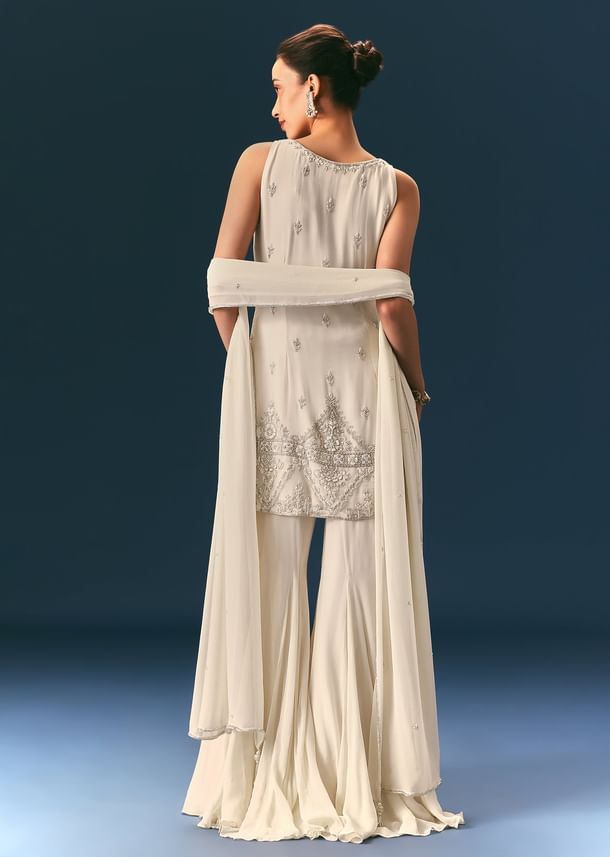 Off White Hand Embroidered Sharara Suit With Choker Dupatta Off White Hand Embroidered Sharara Suit With Choker Dupatta