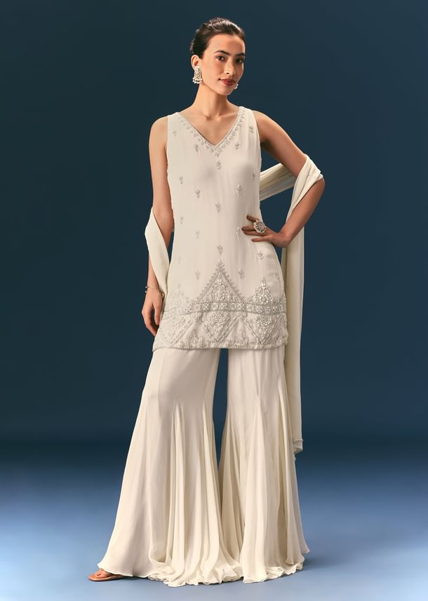 Off White Hand Embroidered Sharara Suit With Choker Dupatta Off White Hand Embroidered Sharara Suit With Choker Dupatta