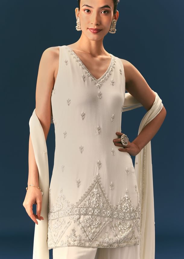 Off White Hand Embroidered Sharara Suit With Choker Dupatta Off White Hand Embroidered Sharara Suit With Choker Dupatta