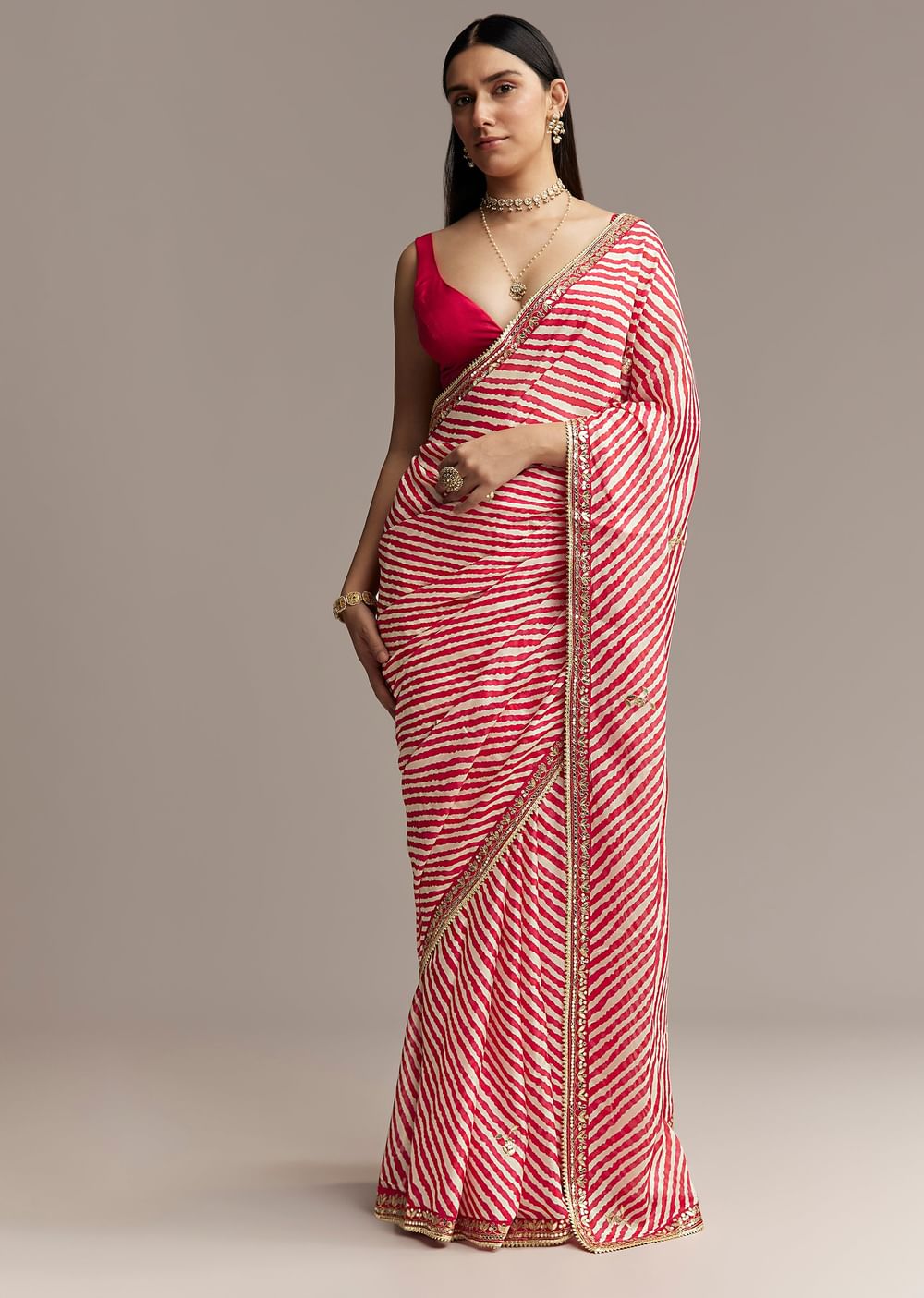 Off White And Red Striped Chinnon Saree With Gota Work