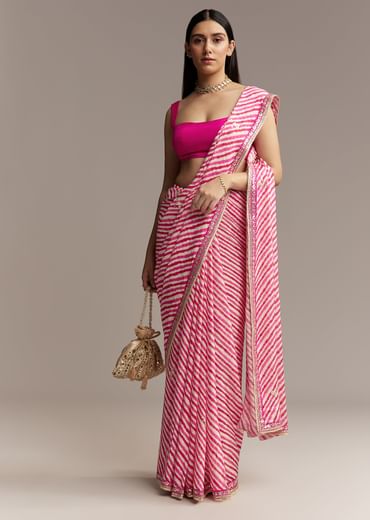 Off White Chinnon Saree With Pink Striped Print And Gota Detailing