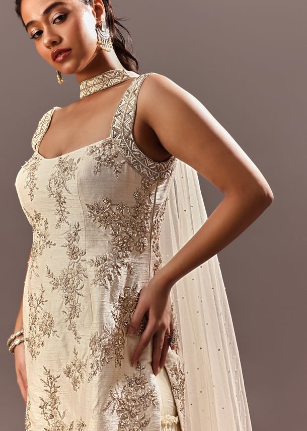 Off White Embroidered Kurta Sharara With Choker Dupatta Off White Embroidered Kurta Sharara With Choker Dupatta